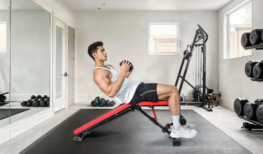 Man using workout bench in home gym