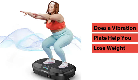 A fat girl exercises on a vibration plate