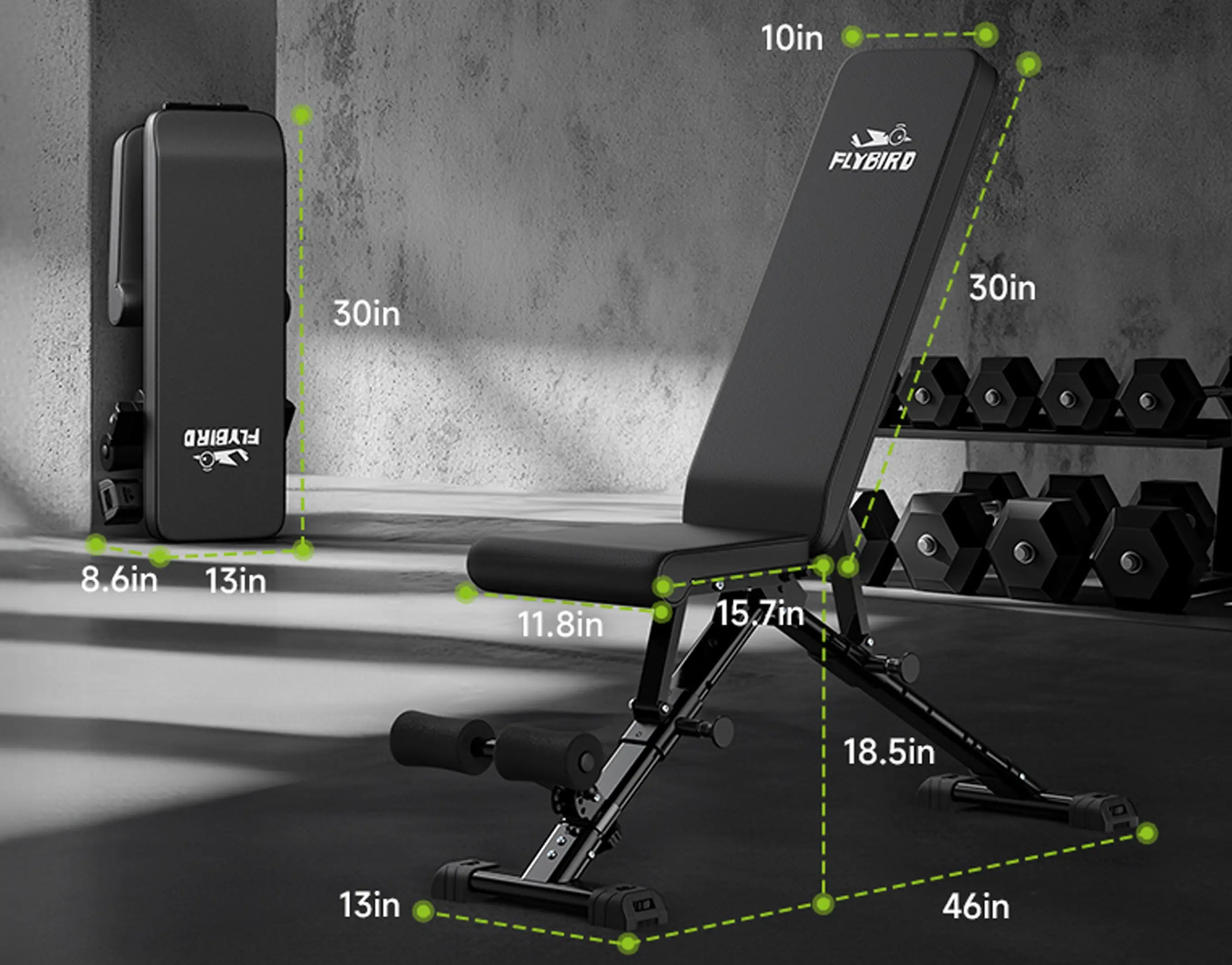 adjustable benches assembled size and stowed size, no space concern and suit for home gym