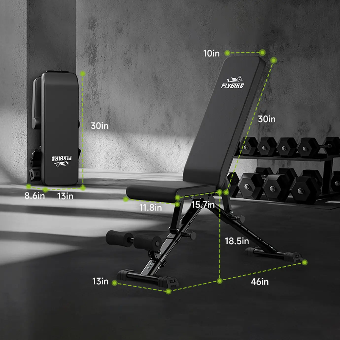 adjustable benches assembled size and stowed size, no space concern and suit for home gym