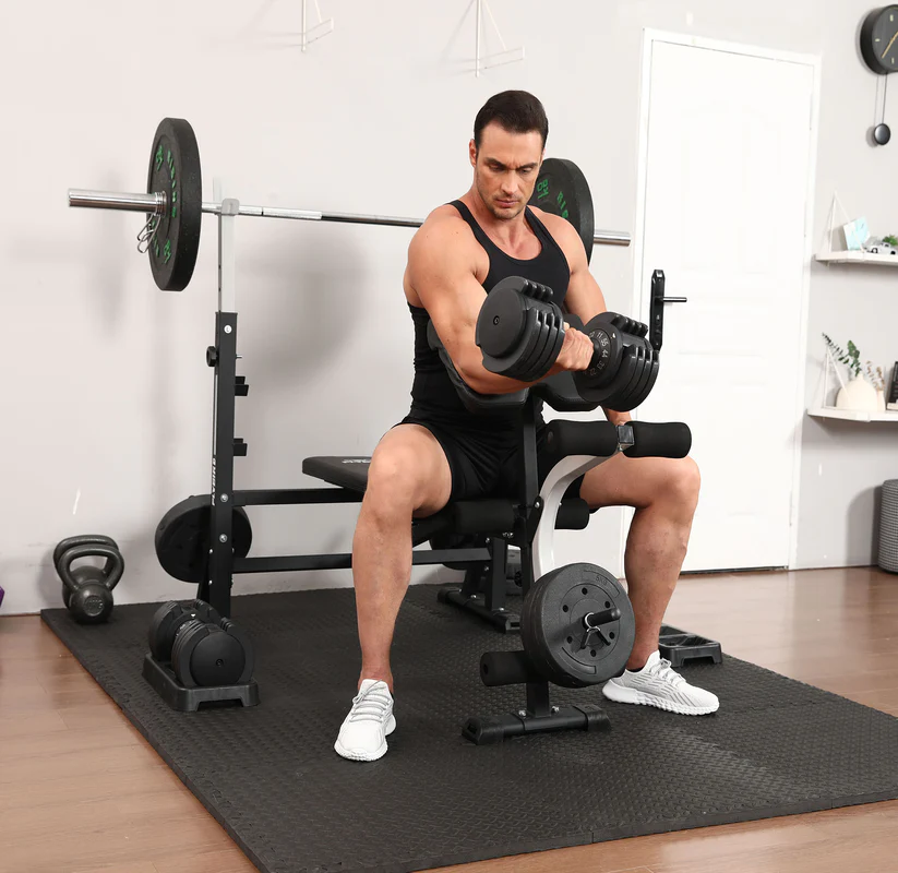 FLYBIRD Adjustable Weight Bench w/Leg Extension, Curl Pad & Barbell Rack, Olympic Barbell & Cast Iron Weight Plates Set