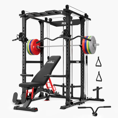 Power Rack Package: Adjustable Bench & 1500LB Olympic Bar, Weight Plates Set